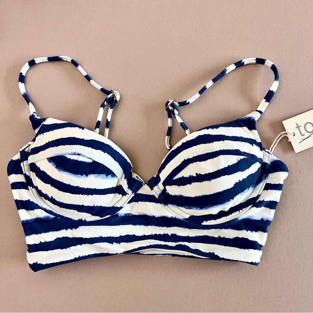 Tori Praver Seafoam Indigo Blue Stripe Underwire Longline Bikini Top XS